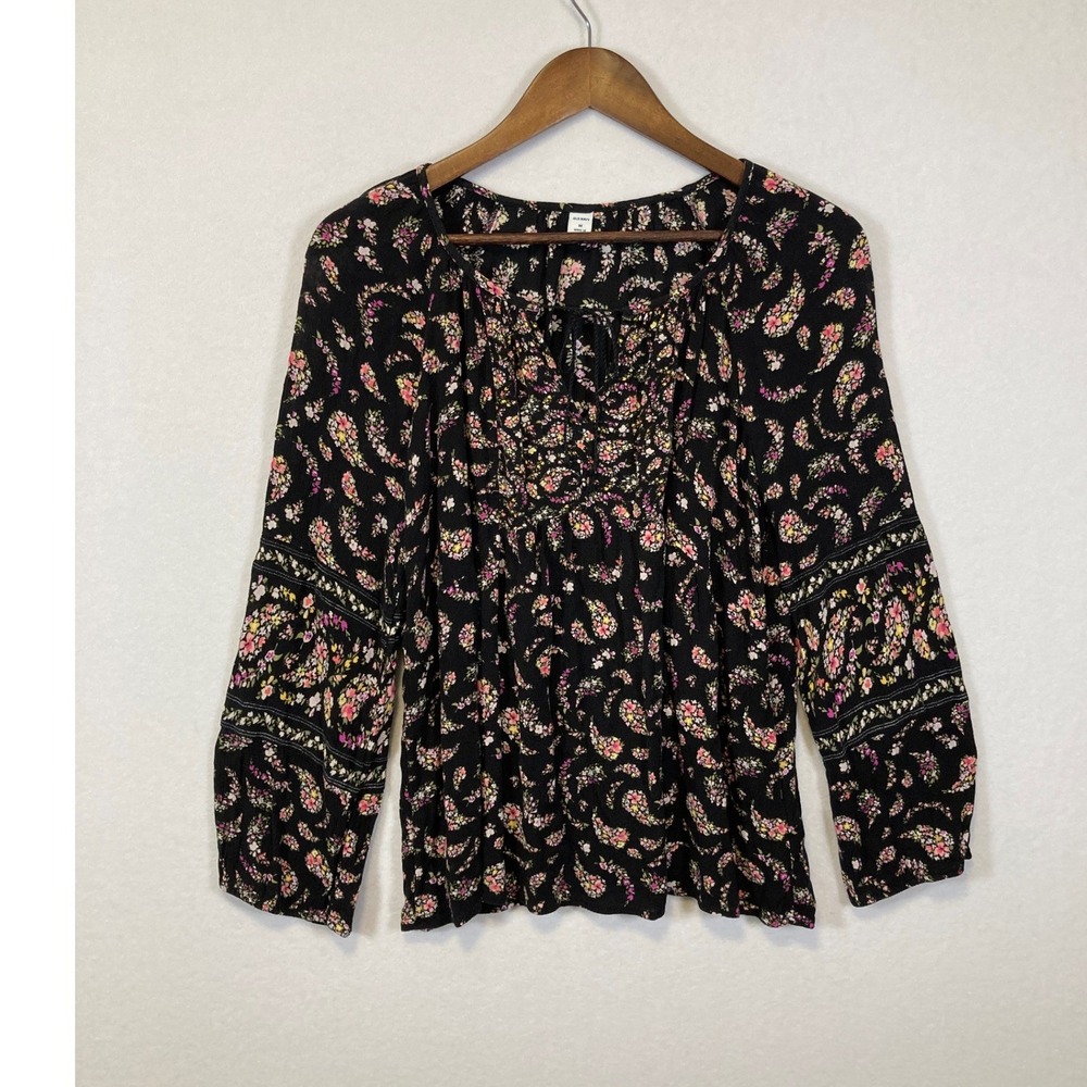 Old Navy Peasant Blouse Womens Medium Black Floral Paisley Rayon Long Sleeve Top